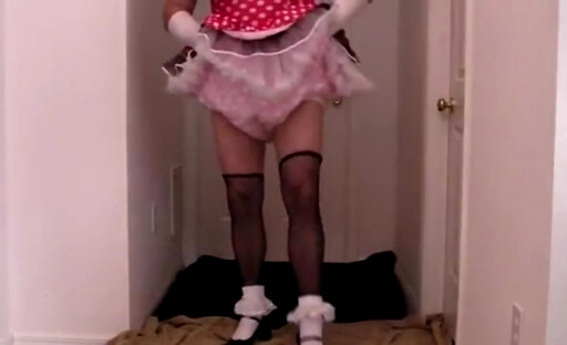 Peter Went diapered sissy in pretty red dress and diapers