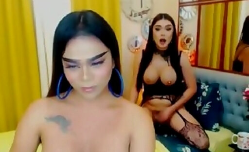 Asian trans babes anal fuck and suck on webcam