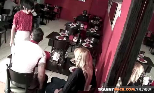 Blonde tranny in black stockings gives stud a bj in the restaurant