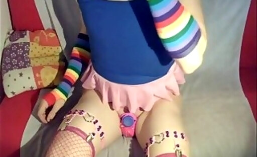 I show my caged clitty on cam blue top rainbow gloves