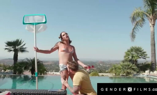 Slutty Trans Poolgirl Cheers Up Sad Hunk wt Her Massive