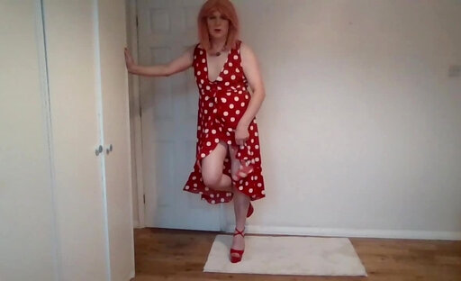 Nude striptease from red polka dress and G-string