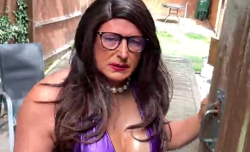 Sexy Crossdresser kellycd2022 in purple pvc catsuit and heels