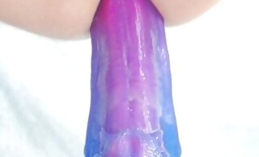 Femboy SuperSubbySoup rides huge Bad Dragon dildo and cums no hands