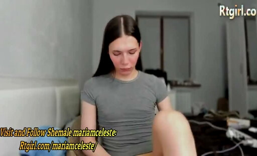 19yo skinny brunette trans babe with small boobs and sexy feet legs strokes her girly cock