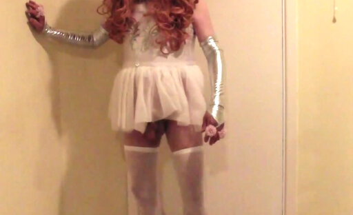 Pink haired slut in white tutu dress