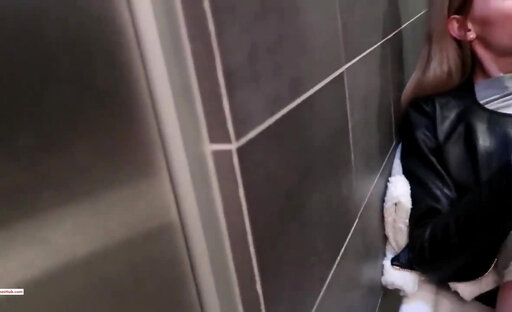 Shemale fucks female in public restroom