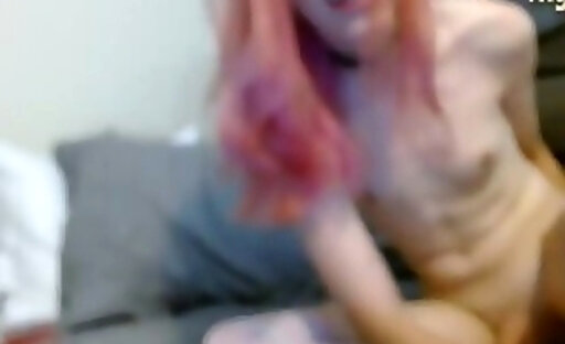 pink haired American transgirl with small tits and small cock toys ass on webcam