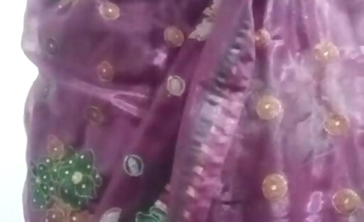Indian Gay Crossdresser Bottom Gaurisissy showing her big boobs in purple saree