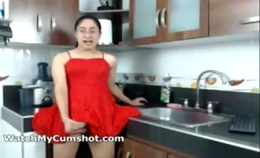 Big dick tgirl stroking in red dress