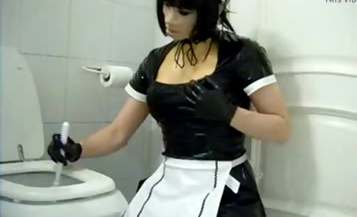 Slutty fetish sissy maid cleans the toilet