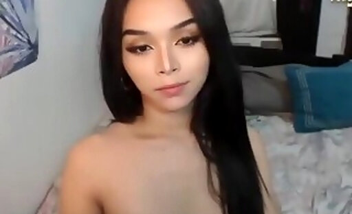 small boobs asian shemale from Philippines strokes her dick on webcam