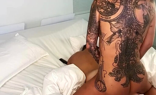 Hot Blonde Inked Shemale Beauty and her Man Ramming Each Other