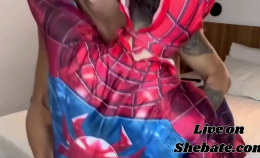 Tanlined busty shemale fucks spidermans ass