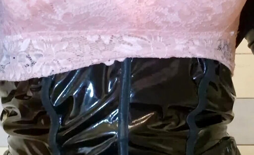Caged Sissy Julie quickie with condom sissygasm in bathroom