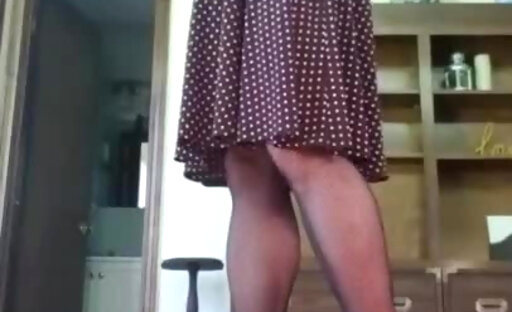 Sissy in Sexy Brown Dress and White Strappy Heels