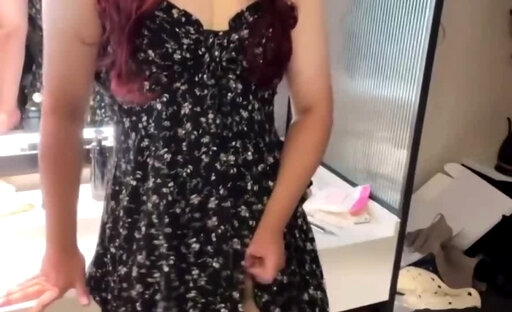 gorgeous asian redhair shemale riding dildo handsfree cum at hotel