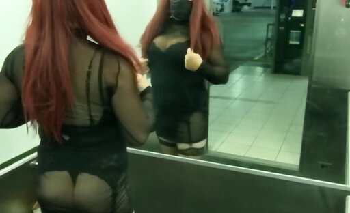 Shemale in sexy lingerie stripping in public elevator