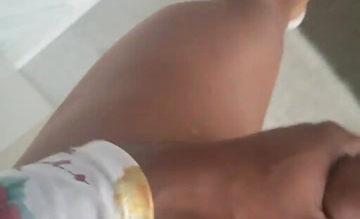Sexy Ebony CD strokes cock and cums in front of Motel housekeeping