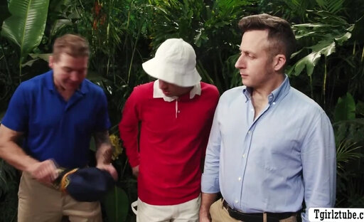 Three lucky dudes meet gorgeous TS in the jungle